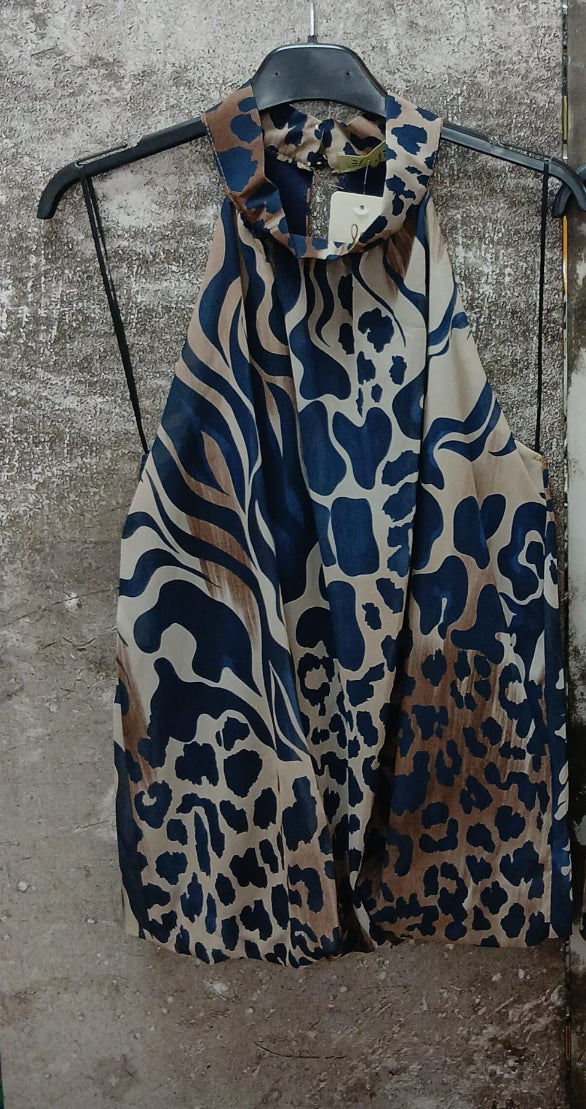 Harper - Blue/Beige Multi Print Halter Neck Top