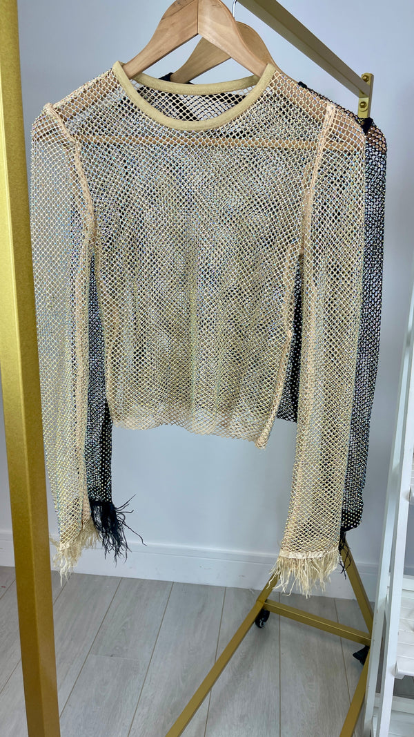 Florence -  Gold Diamonte Feather Sleeve Detail Top
