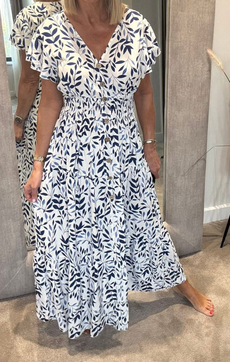 Sandy - Blue/White Leaf Print V neck Maxi