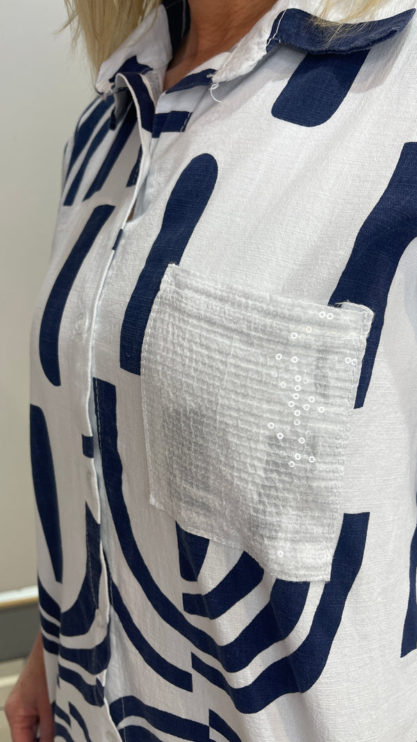 Nova - Navy Print Sequin Detail Abstract Shirt