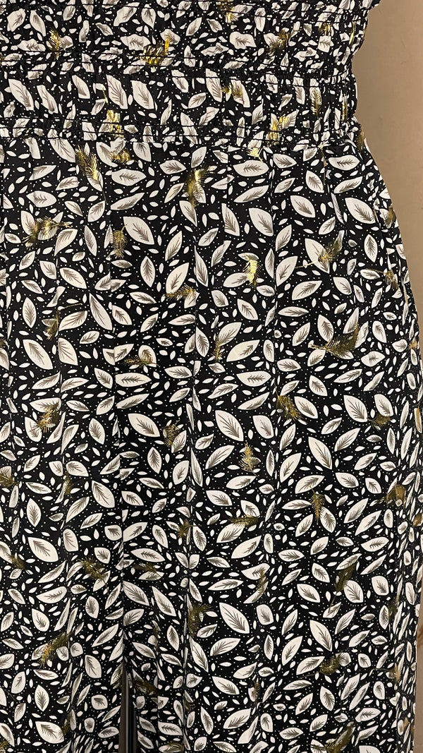 Jane - Black/White Gold leaf Print Jumpsuit