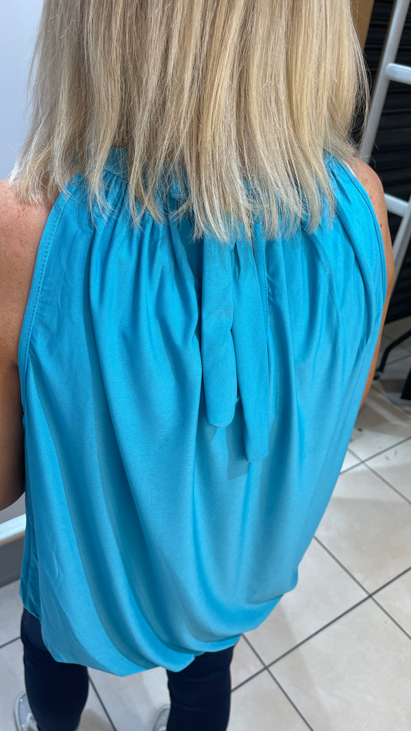Rita - Tiffany Green High Neck Top, Tie Back Detail