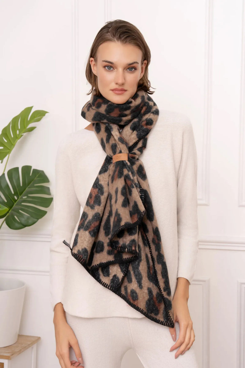 Sam - Leopard Print Winter Scarf Blanket Stitch