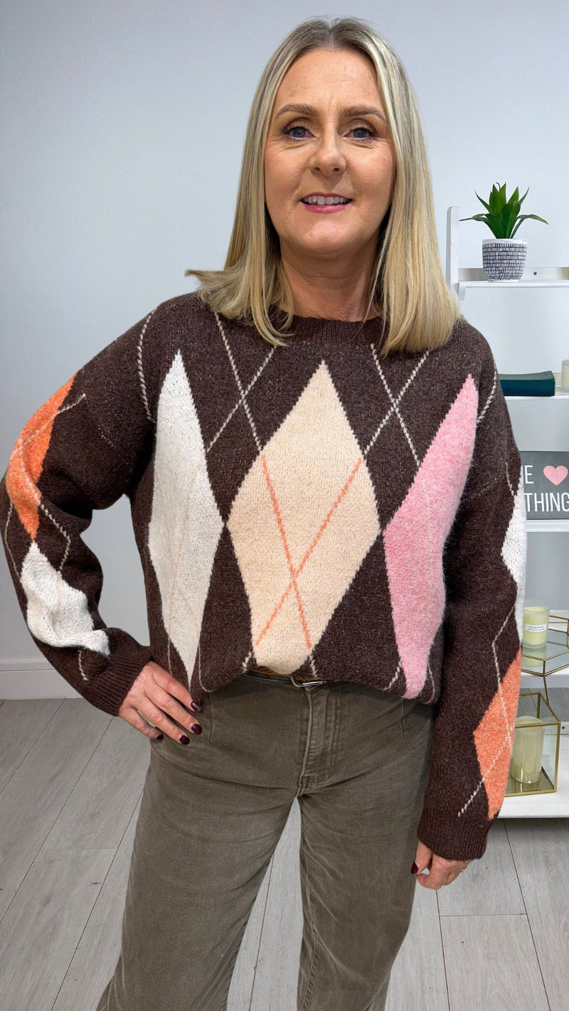 Jessie - Brown Diamond Multi colour Knit