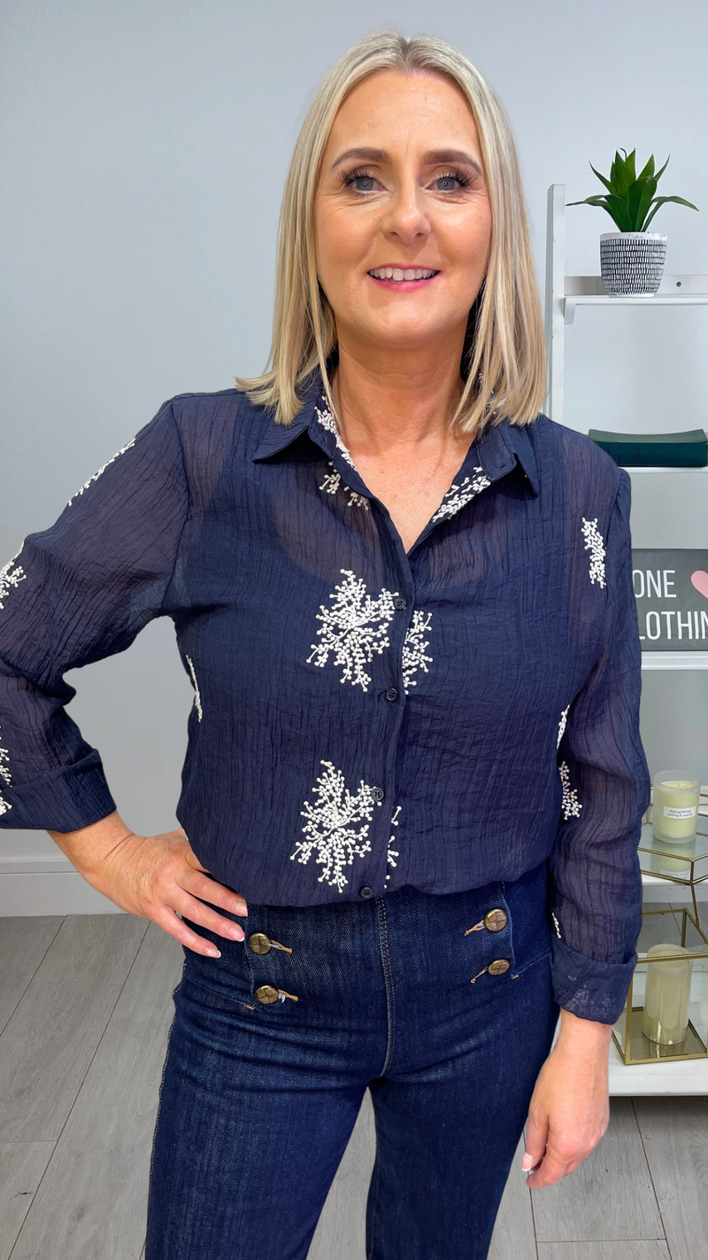Luca - Navy Embroidery Top