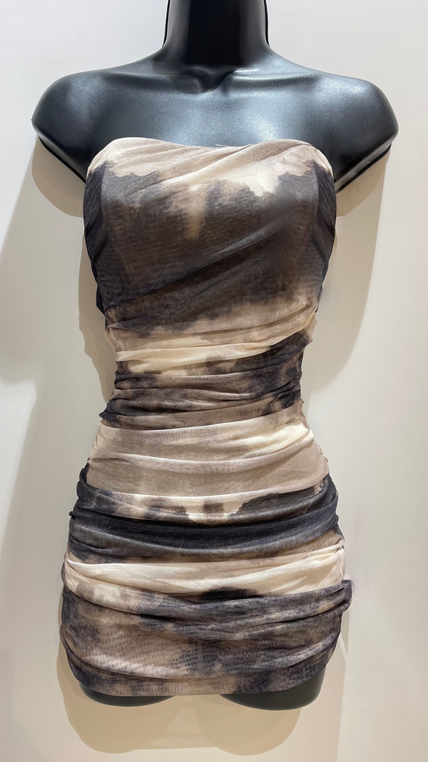 Karen - Black/Beige Ruched Marble Dress