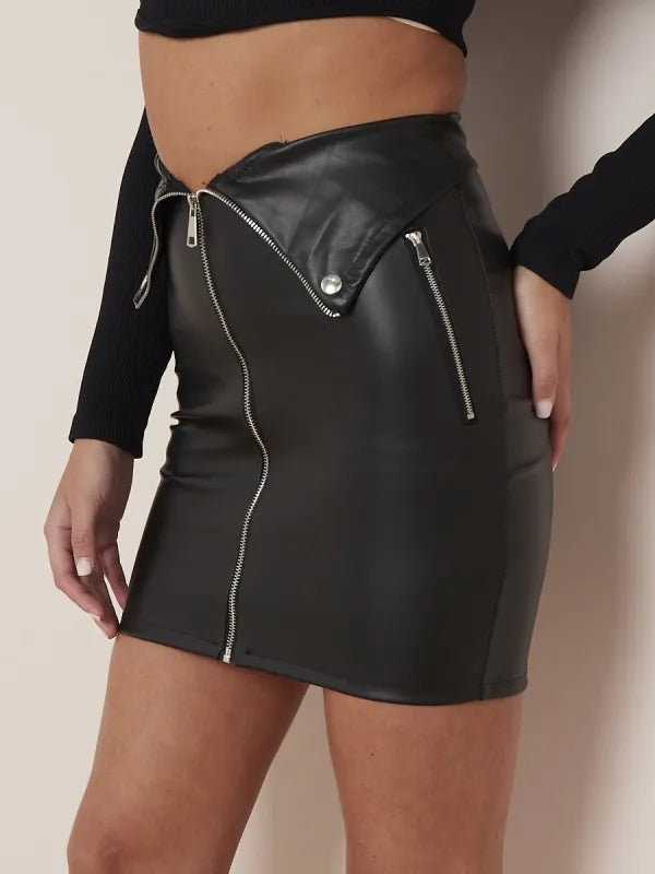 Lucy - Black Faux Leather Skirt With Zip Detail