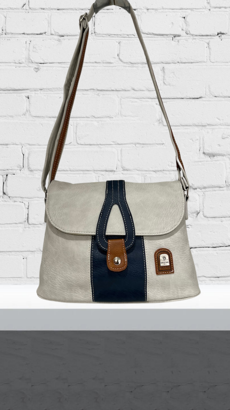 Amber - Cut-Out Flap Stone/Navy Bag