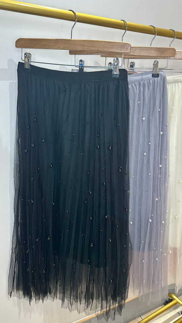 Jayda - Tulle Pearl Detail Skirt Black