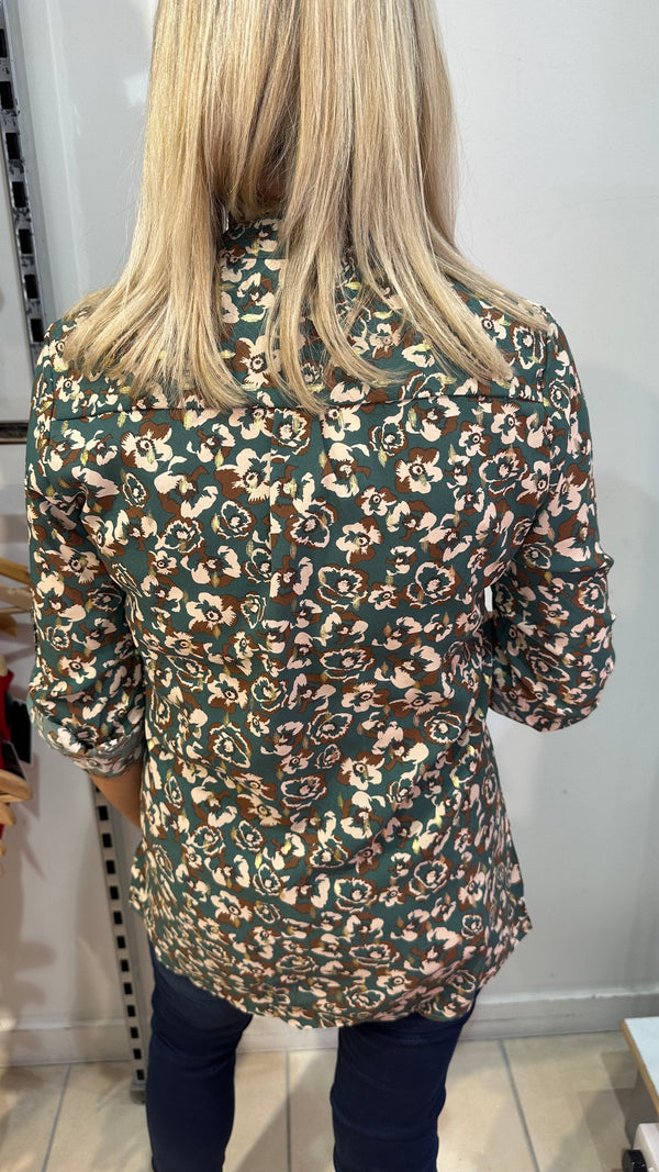 Ivy -Green/ Brown Print Button Neck Top