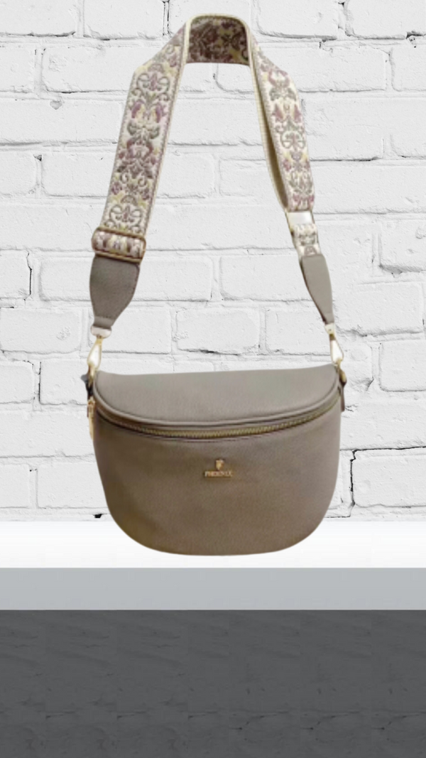 Sophie- Taupe Pouch Bag with Print Strap