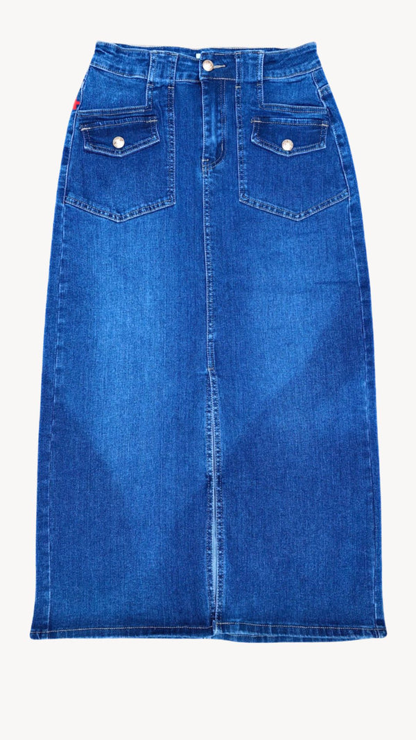 Olivia- Dark Blue Stretch Denim Pocket Skirt