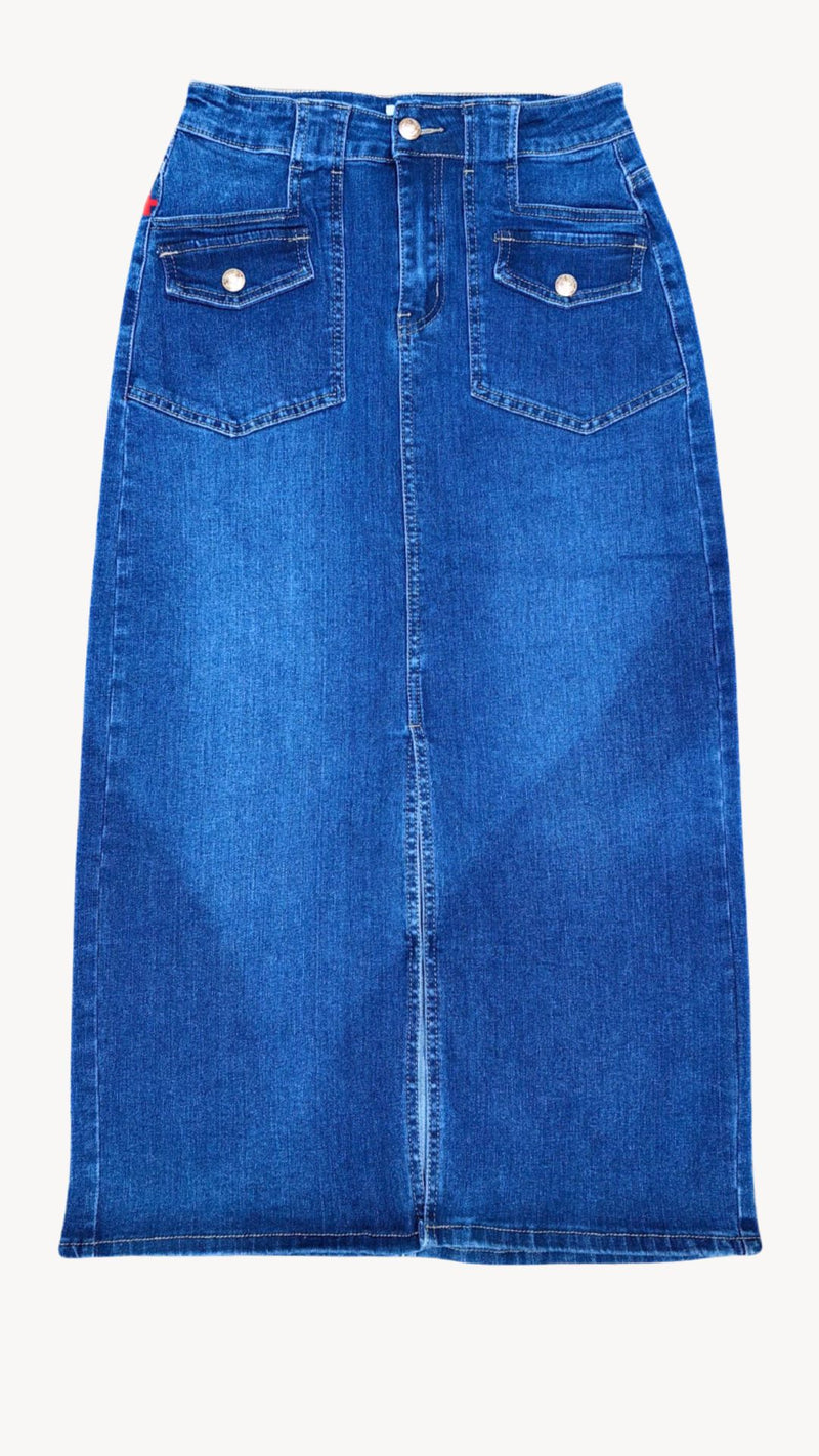 Olivia- Dark Blue Stretch Denim Pocket Skirt