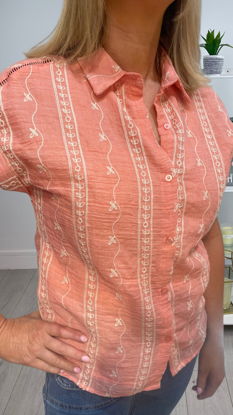 Lauren - Soft Coral/Cream Embroidery Sleeveless Top