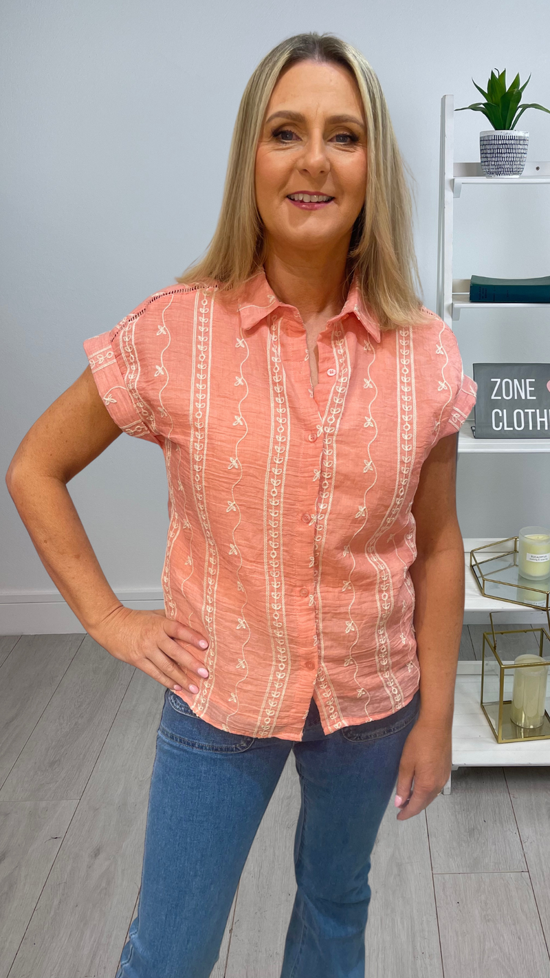 Lauren - Soft Coral/Cream Embroidery Sleeveless Top