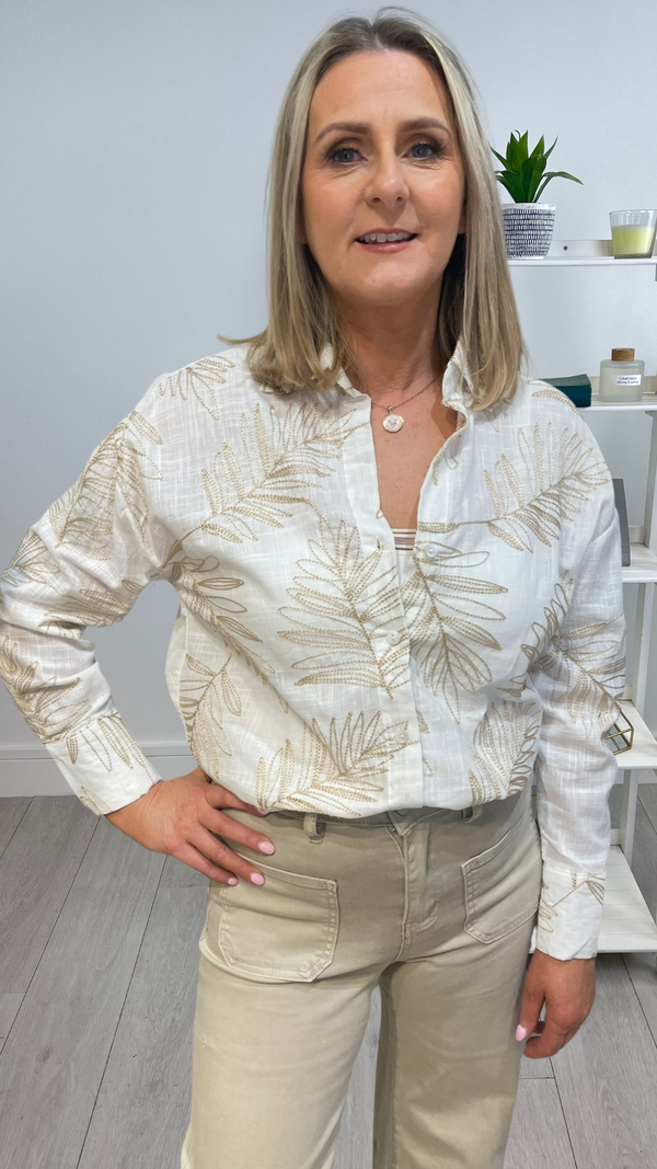 Maya - Cream Linen Look Gold Leaf Embroidered Shirt