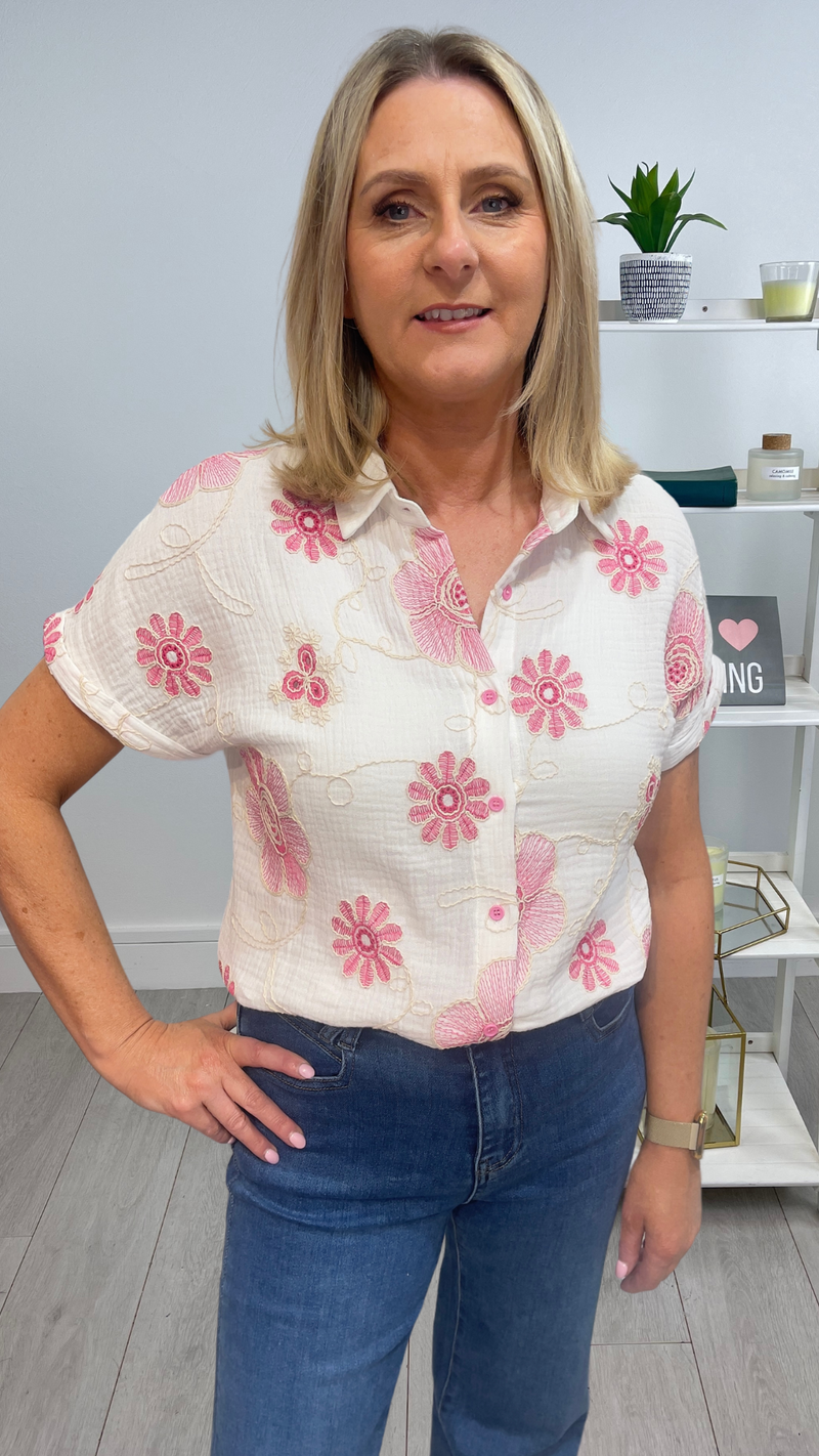 Becky - White/Pink  Floral Embroidered Top