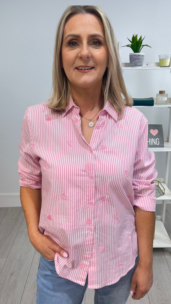 Sammie - Pink Stripe Embroidery Heart Top