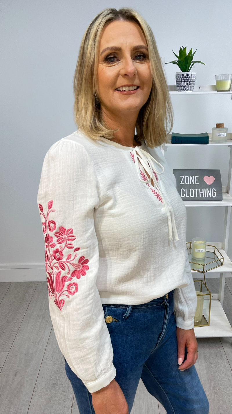 Annabelle - White/Pink Embroidered Cotton Top
