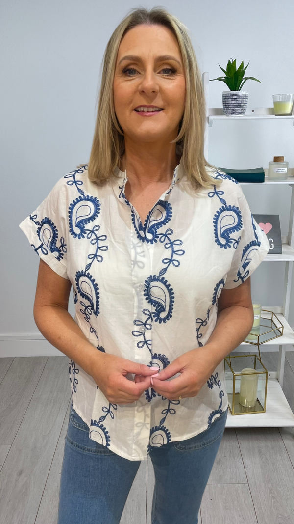 Jamie - White/Navy Embroidery Detail Cotton Top