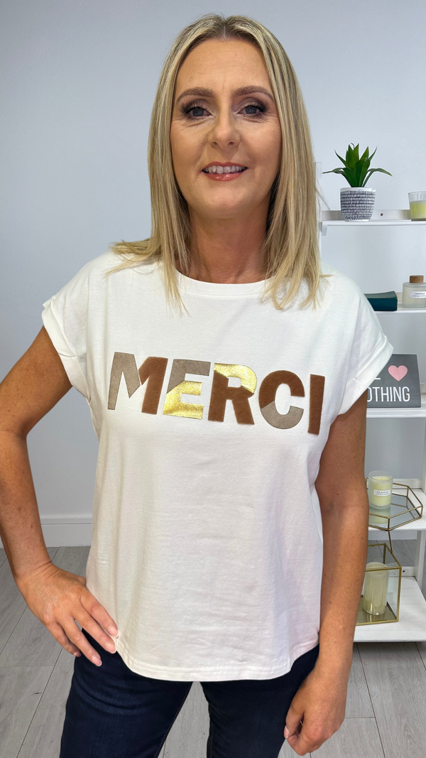 FiFi - White Merci Metallic Logo Tee