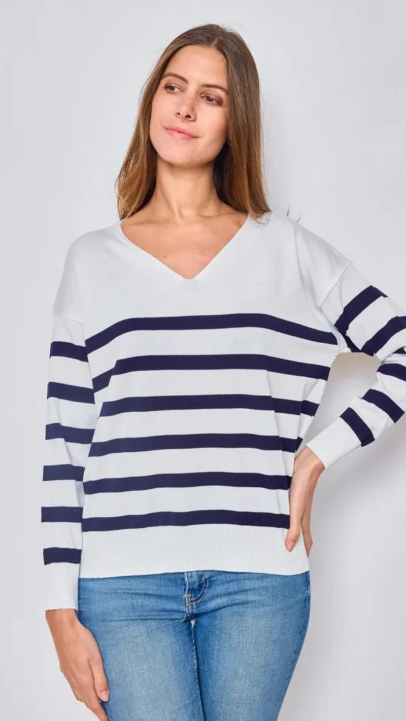 Tara - White/Navy Stripe V Neck Fine Knit