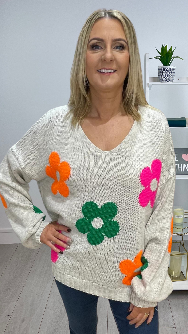 Kate - Oatmeal Multi Colour Flower Print Knit