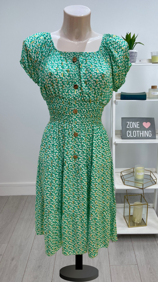 Trudie - Green Ditsy Print Button Midi Dress