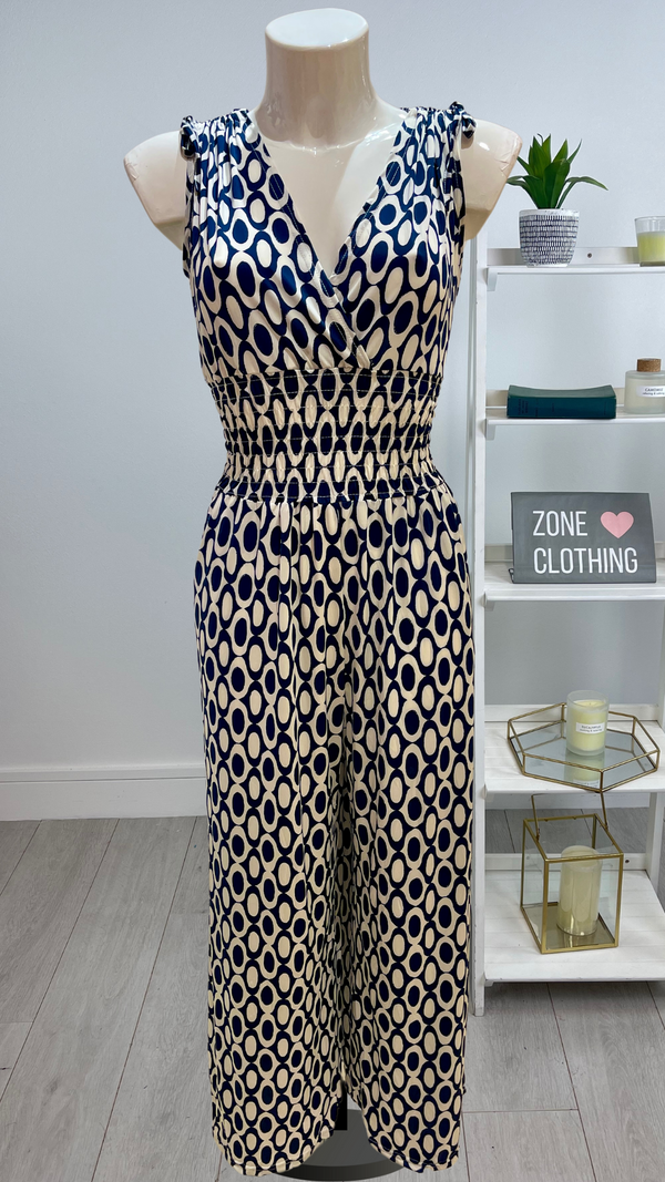Jill - Navy/White Abstract Print Jumpsuit