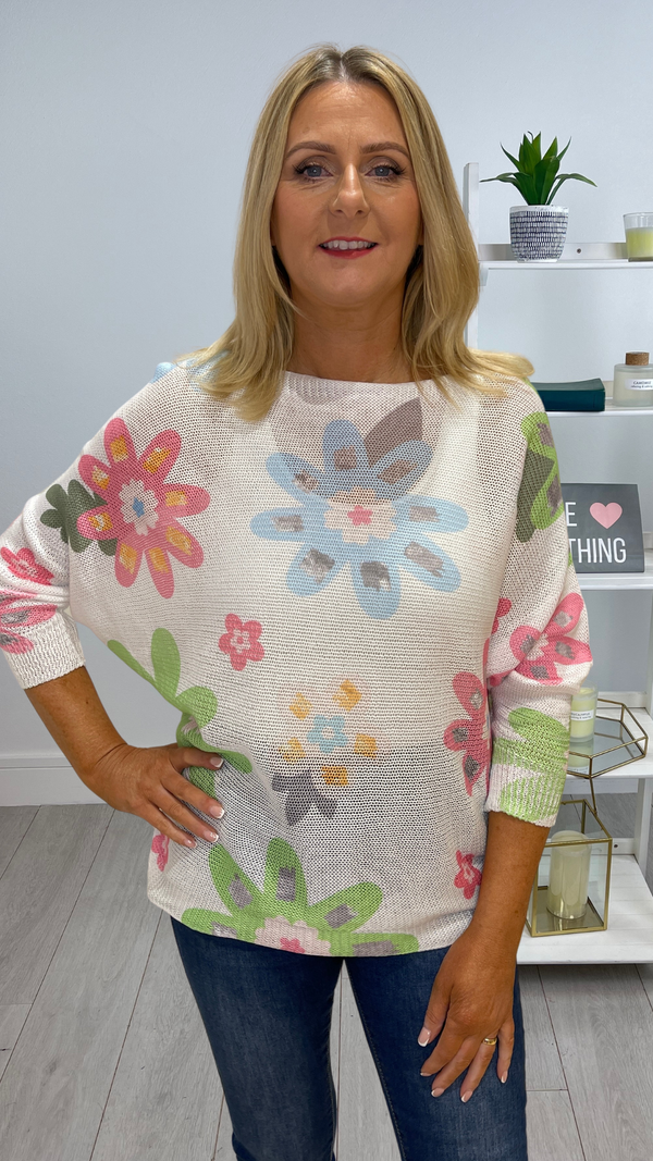 Ellie - Pastel Flower Print Fine Knit Top