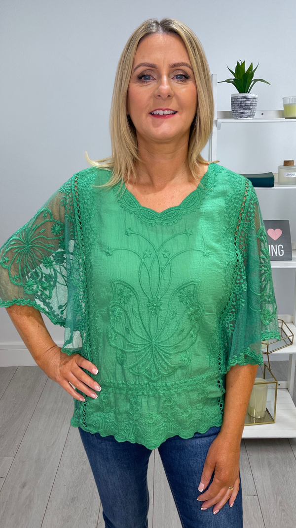 Renee - Green Embroidery Detail Top