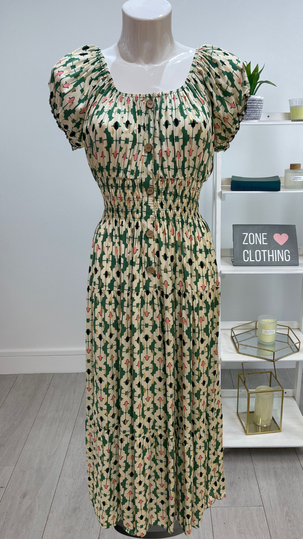 Chloe - Green Abstract Print Button Maxi Dress