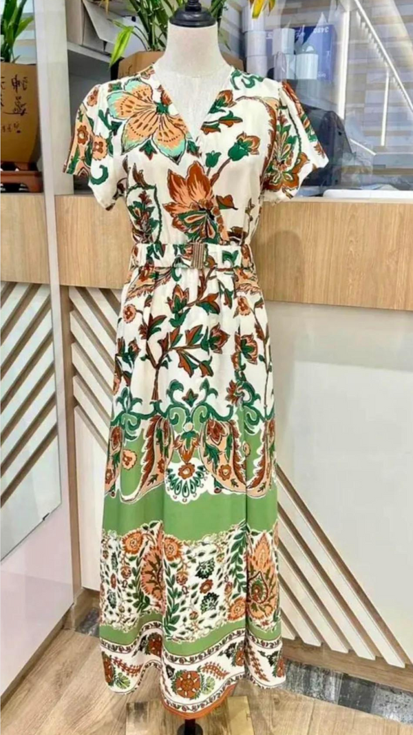 Sara - Green/Cream Floral Belted Midi Dress