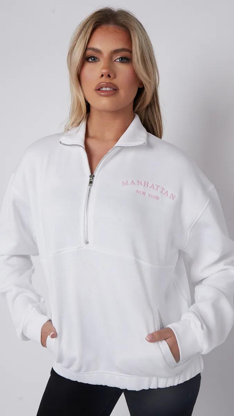 Kane - White Embroidered Half Zip