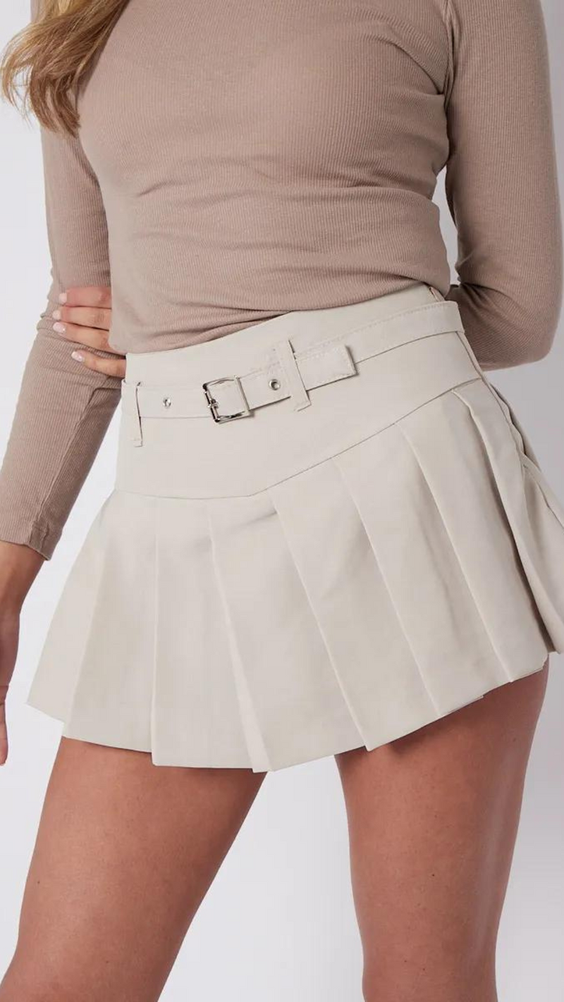 Kara - Pleat Belt Detail Skort Stone