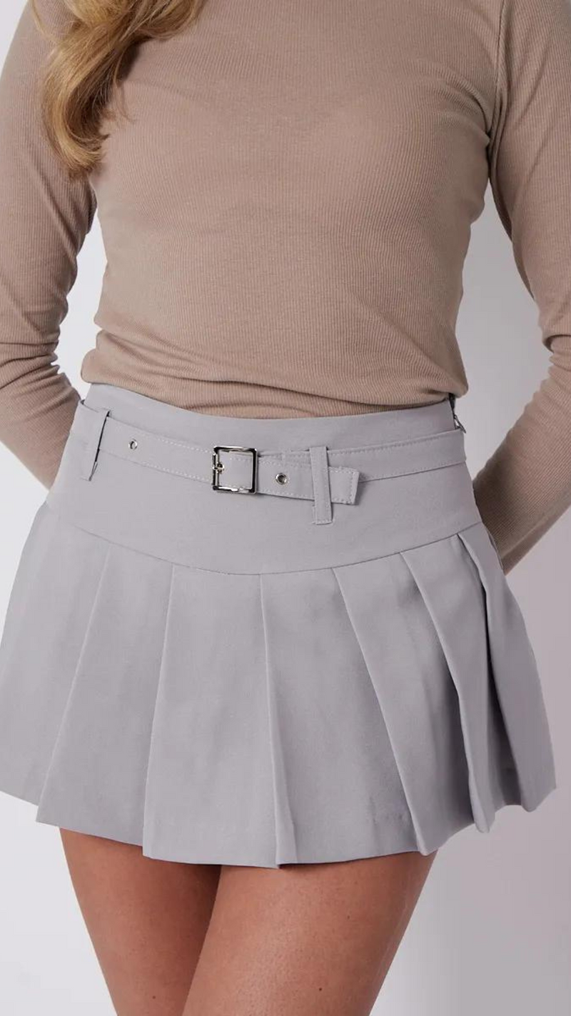 Kara - Pleat Belt Detail Skort Grey