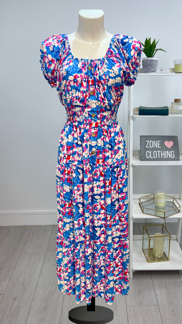 Chloe - Blue/pink floral print Button Maxi Dress