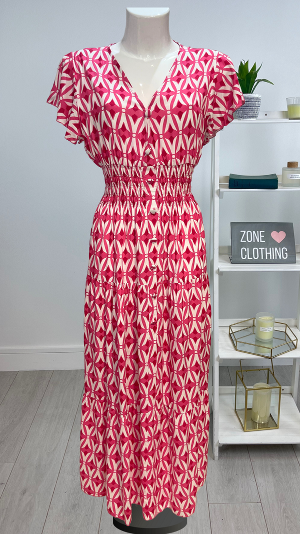 Mona - Pink Lattice print V Neck maxi Dress