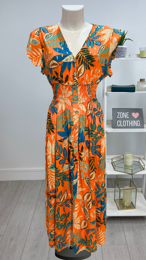 Mona - Orange Tropical print V Neck maxi Dress