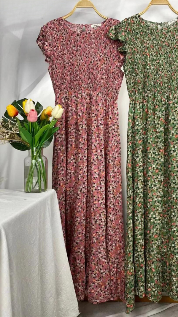 Colleen - Pink Ditsy Print Sheered Midi Dress