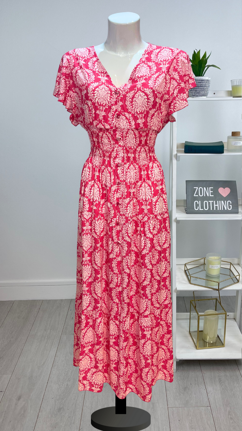 Mona - Bright Pink White print V Neck maxi Dress