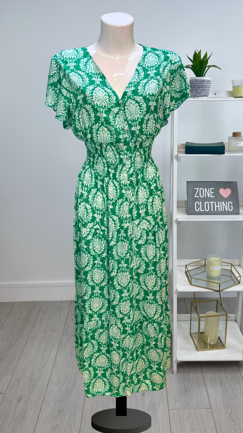 Mona - Green/White print V Neck maxi Dress