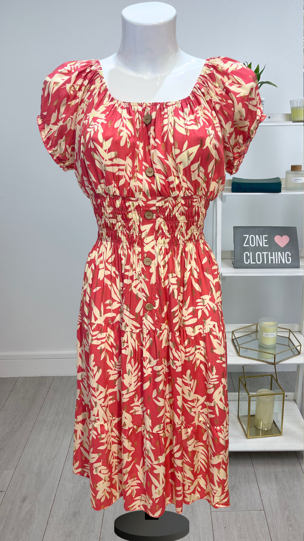 Trudie - Rose Pink /Beige Leaf Print Midi Dress