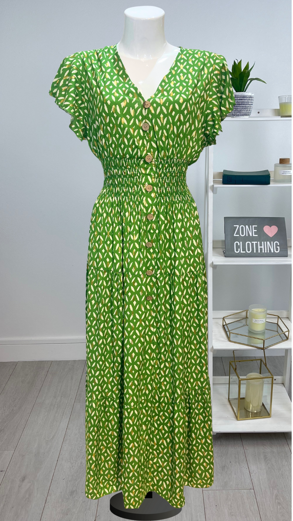 Mona - Apple Green Print V Neck Maxi Dres
