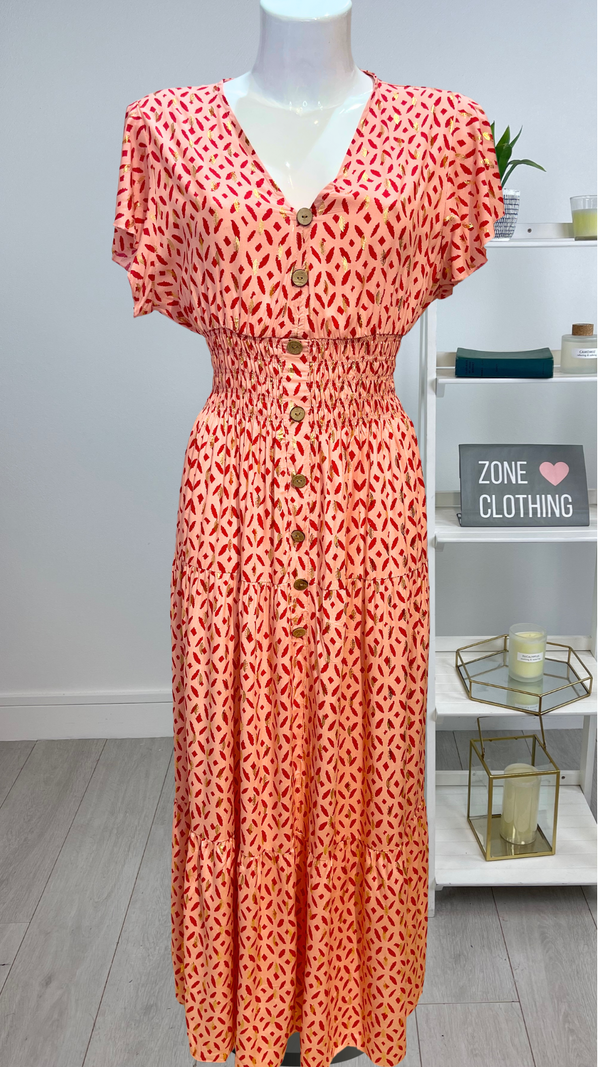 Mona - Light Pink Print V Neck Maxi Dress