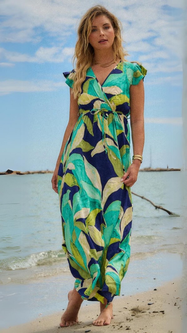 Tori - Blue Green Leaf Print Dress