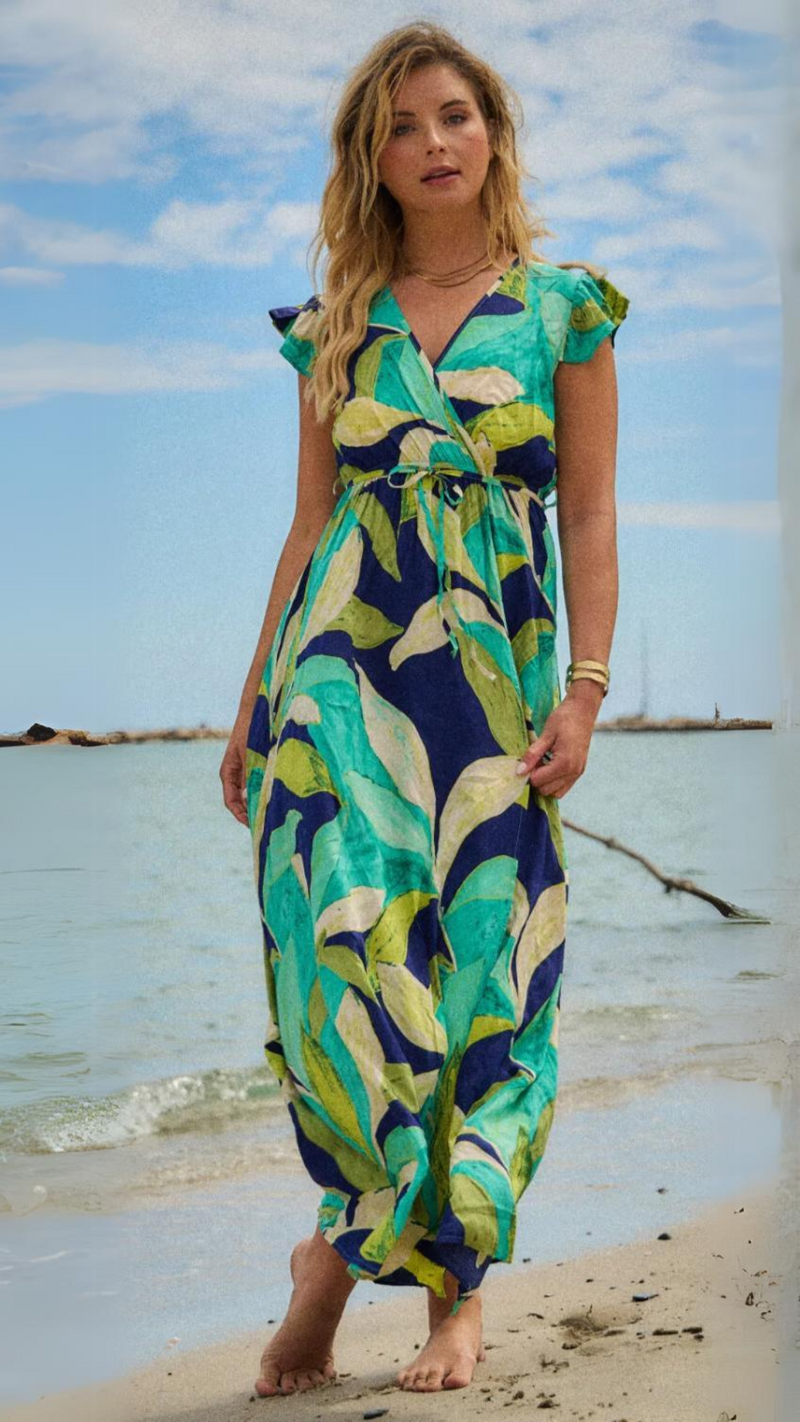 Tori - Blue Green Leaf Print Dress