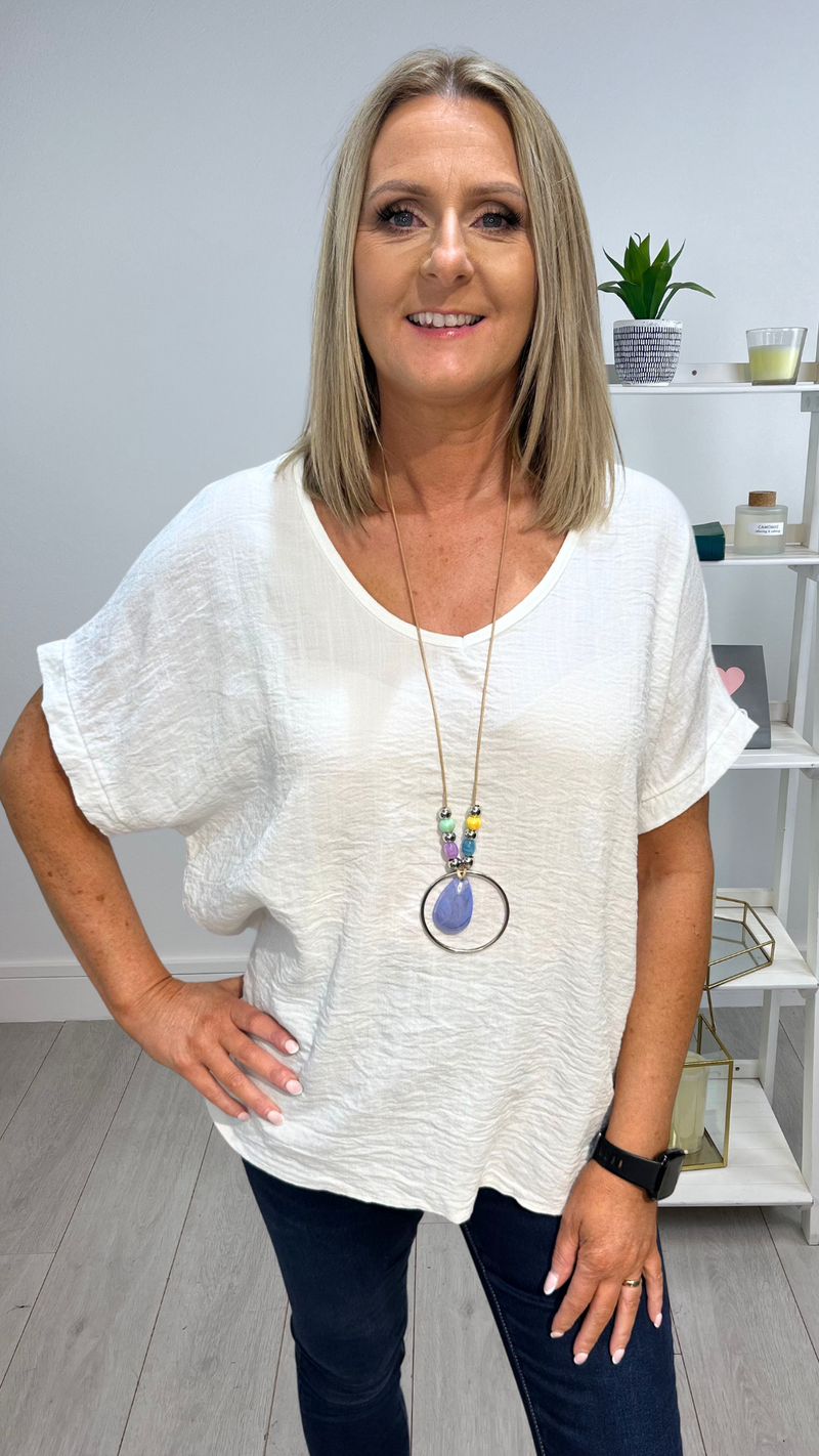 Pam - White V Neck Necklace Top