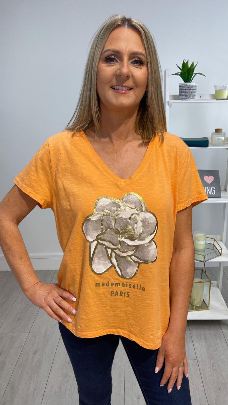 Kai - Orange V Neck Rose Graphic Tee