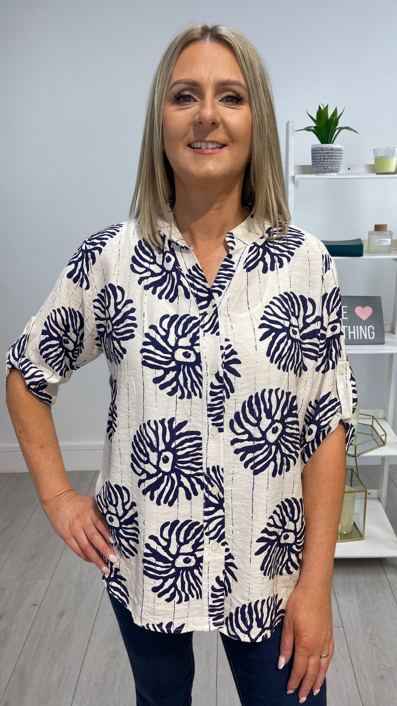 Cloda - Cream/Navy Print Button Front Blouse